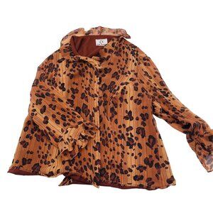Leopard Print Pleated Blouse Ruffled Collar & Sleeves Flowy Design By Ice Size M